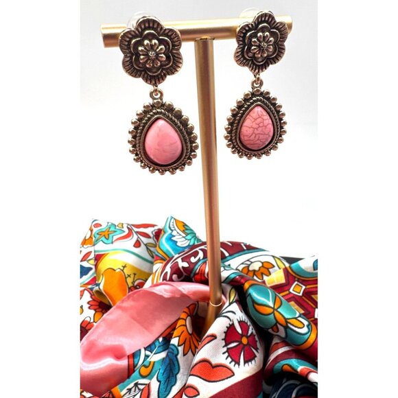 2/$24 Vintage-Style Gold & Pink Teardrop Dangle Earrings With Floral Top - Picture 1 of 7